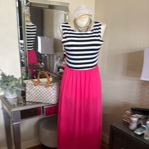 Striped Black and White Top with Pink Maxi Skirt